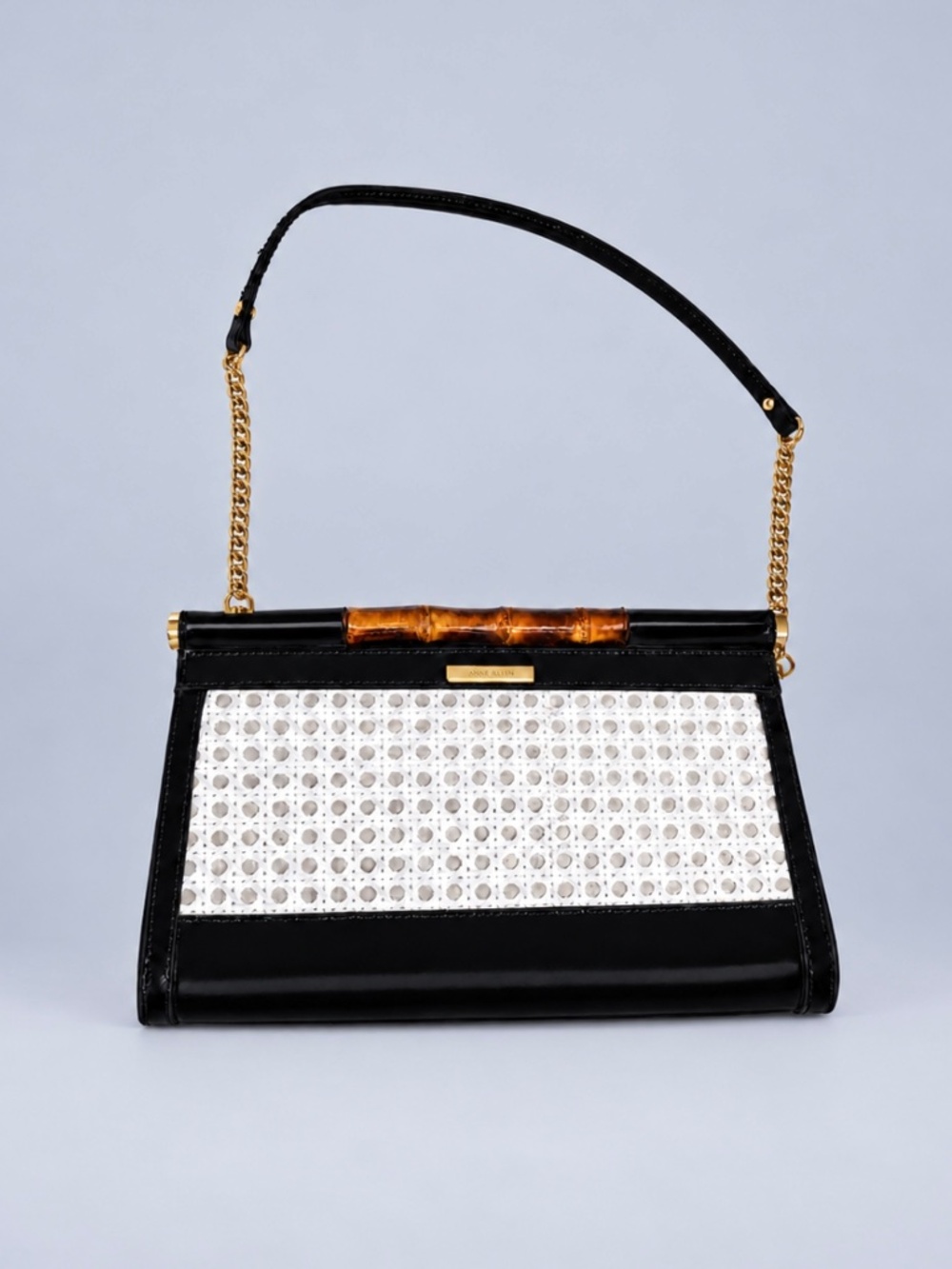Anne Klein Black Patent White Woven Bamboo Handle Shoulder Bag